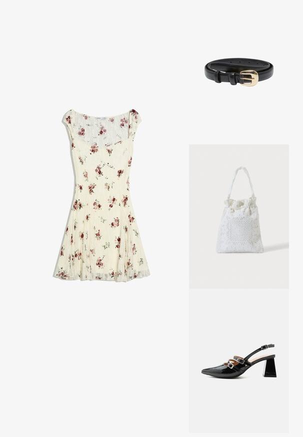 Robe en dentelle crème avec manches courtes type « cap » et petit imprimé floral rouge et rose, taille cintrée et jupe évasée.; Escarpin slingback en cuir verni noir avec deux brides avant à boucle et un talon épais évasé de 6 cm sur fond clair uni.; Sac cabas en tissu blanc avec broderie florale en dentelle et anse supérieure froncée, présenté sur un fond clair uni.; Ceinture en cuir noir avec une texture lisse, dotée d'une boucle dorée et de plusieurs trous d'ajustement pour une personnalisation de la taille.