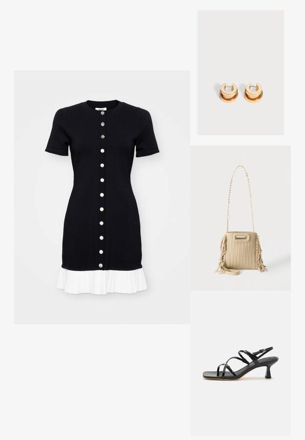 Robe en tricot noire à manches courtes, avec un décolleté rond et un ourlet plissé blanc. Elle présente une fermeture à boutons sur le devant avec des boutons contrastants.; Sandales à strapes en cuir verni noir avec un bout carré et un petit talon carré. Présente des accessoires en métal doré et des brides de cheville réglables.; Sac à main matelassé beige avec des détails à franges sur les côtés, une bandoulière chaîne dorée et une petite ouverture sur la poignée supérieure.; Paire de boucles d'oreilles créoles ton or avec une forme de croissant plus large en haut et un anneau rond suspendu en dessous de chacune.