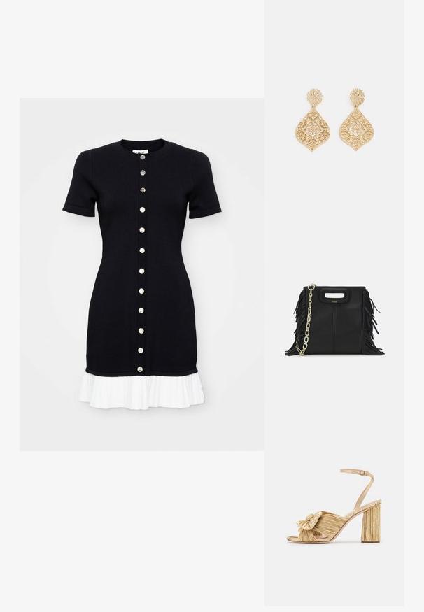 Robe en tricot noire à manches courtes, avec un décolleté rond et un ourlet plissé blanc. Elle présente une fermeture à boutons sur le devant avec des boutons contrastants.; Sandales dorées à talons avec un devant noué, texture plissée et une bride de cheville. Le talon carré a un design strié, améliorant l'adhérence.; Sac à main en cuir noir avec des détails en franges, chaîne dorée pour l'épaule et une poignée découpée. Présente le logo sur le devant.; Boucles d'oreilles pendantes en ton doré, fabriquées en filigrane complexe, avec un design floral et une forme en goutte d'eau, dotées d'une mentonnière ronde décorative en haut.
