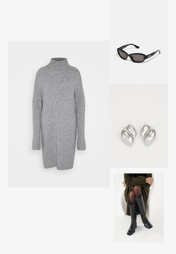 Suéter de cuello alto gris con mangas largas. Textura suave de punto; corte holgado; longitud hasta medio muslo; sin patrones ni adornos visibles.; Botas de cuero negro hasta la rodilla con puntera cuadrada y tacón de bloque, presentadas con un modelo sentado en un abrigo verde oliva. Textura suave, mínimo detalle.; Gafas de sol negras con montura rectangular, lentes oscuros, material de plástico suave y un acento metálico en la patilla.; Pendientes de plata con una forma orgánica y abstracta. Superficie lisa y brillante con un diseño cónico. Presentan suaves curvas y un detalle de línea central.