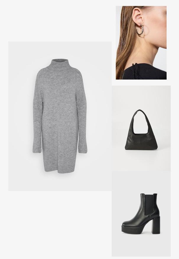 Pull à col roulé gris avec des manches longues. Texture douce et tricotée ; coupe ample ; longueur mi-thigh ; sans motifs ni accents visibles.; Bottine noire en cuir avec un talon large, panneaux élastiques sur les côtés et une texture lisse. Dispose d'une semelle plateforme pour plus de hauteur.; Sac à main en cuir noir de forme triangulaire, avec une grande poignée découpée et des coutures détaillées le long des bords. Texture lisse.; Boucle d'oreille en argent avec une finition polie, présentant de petits détails en or et de forme ronde, portée sur le lobe.