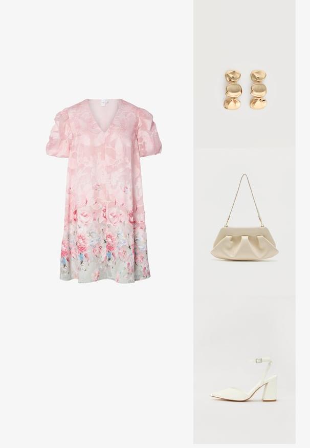 Vestido floral en rosa claro con mangas abullonadas, escote en V y tejido transparente. Presenta un patrón floral texturizado, con rosas y suaves acentos en azul en el dobladillo.; Sandalia blanca de tacón con puntera afilada, correa ajustable en el tobillo y un tacón cuadrado grueso. Textura lisa con detalles de costura mínimos.; Bolso de mano suave de color crema con pliegues recogidos y una correa delgada para el hombro con herrajes dorados.; Pendientes colgantes en tono dorado con tres segmentos irregulares, lisos y redondeados apilados verticalmente sobre un fondo claro y liso.