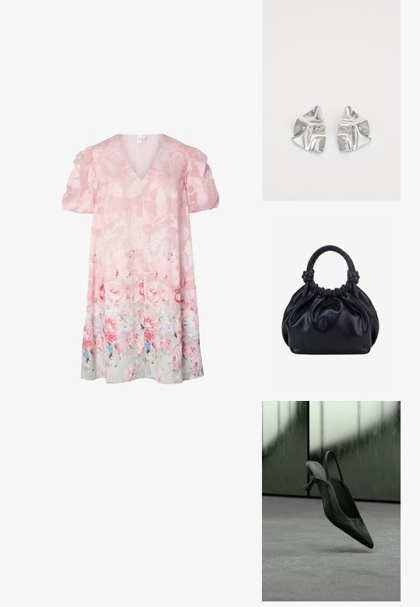Bloemige jurk in lichtroze met pofmouwen, V-hals en doorschijnende stof. Kenmerkt zich door een getextureerd bloemenpatroon, met rozen en zachte blauwe accenten aan de zoom.; Zwarte leren slingback pumps met hoge hak en spits toelopende neus zwevend boven een grijs tapijtvloer, wazige groenachtige muur op de achtergrond.; Zwarte zachte leren handtas met geplooide bovenkant en twee dikke handvatten die in knopen zijn gestrikt tegen een effen lichte achtergrond.; Zilveren metalen oorbellen met een golvend, sculpturaal ontwerp, voorzien van een gepolijste afwerking en onregelmatige vormen, die een hedendaagse esthetiek benadrukken.