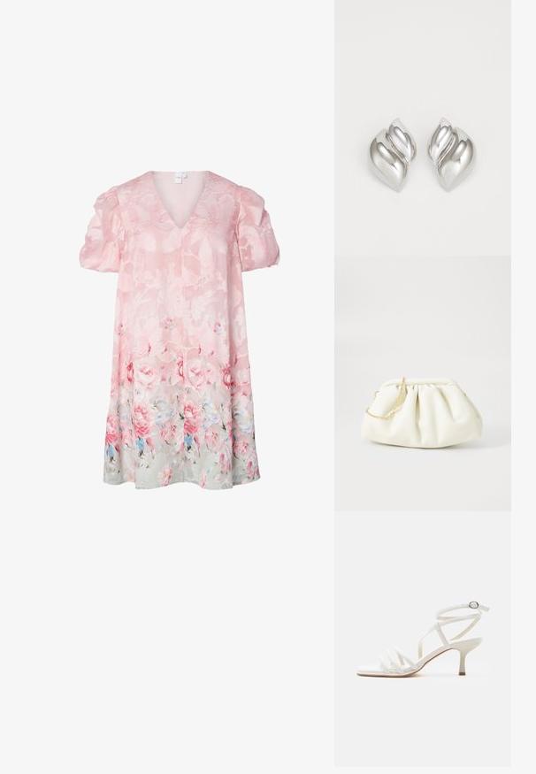 Vestido floral en rosa claro con mangas abullonadas, escote en V y tejido transparente. Presenta un patrón floral texturizado, con rosas y suaves acentos en azul en el dobladillo.; Sandalia blanca de mujer con tiras, tacones delgados, tres tiras delanteras y una correa en el tobillo con hebilla plateada.; Bolso de mano de cuero blanco con un diseño recogido, cuenta con una cadena dorada y forma redondeada. Textura suave con pliegues suaves y sin patrones.; Pendientes de plata con una forma orgánica y abstracta. Superficie lisa y brillante con un diseño cónico. Presentan suaves curvas y un detalle de línea central.