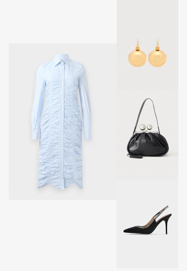 Helles blaues Hemdkleid aus glattem Stoff mit vertikalen Rüschen, Knopfleiste, langen Ärmeln und abgerundetem Saum.; Schwarzer spitzer Slingback-Pumps mit dünnem Stiletto-Absatz und "LOVE MOSCHINO" Text auf dem Riemen und Rand.; Schwarze Ledertasche mit gerafftem Design, einem einzelnen Riemen, silbernem Metallrahmen und zwei großen runden silbernen Verschlüssen.; Paar glänzende goldene Weihnachtskugel-Ohrringe mit Hakenverschlüssen auf einfachem weißem Hintergrund.
