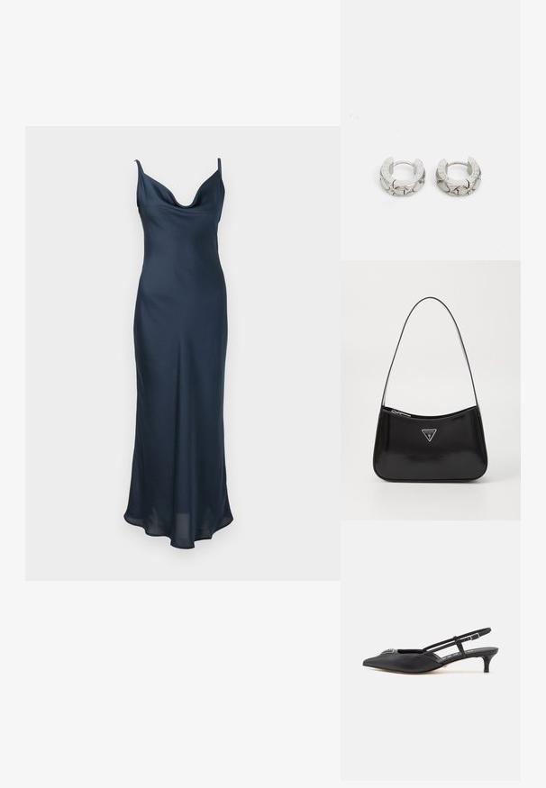 Navyblaues Slipkleid aus glattem Stoff; mit dünnen Trägern und einem drapierbaren Ausschnitt, der zu einem leicht ausgestellten Saum fließt.; Schwarze Slingback-Schuhe mit einer spitzen Zehe, aus glattem Material gefertigt, mit einem kleinen Absatz und einem dekorativen silbernen Akzent auf dem Blatt.; Schwarze patentierte Leder-Schultertasche mit geschwungener Form, ausgestattet mit einem silbernen Dreieckslogo und einem Reißverschluss. Glatte Textur und schmaler Riemen.; Guess STYLISH - Ohrringe - silver-coloured