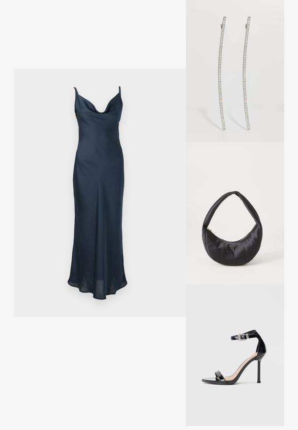 Navyblaues Slipkleid aus glattem Stoff; mit dünnen Trägern und einem drapierbaren Ausschnitt, der zu einem leicht ausgestellten Saum fließt.; Schwarzer Riemchensandale aus Lackleder mit hohem Absatz und Knöchelriemen. Verfügt über ein minimalistisches Design, offene Zehenpartie und eine Schnalle mit Strassakzenten.; Schwarze Satin-Handtasche mit geschwungener Form, ausgestattet mit einem Reißverschluss und einem dreieckigen Metallsymbol auf der Vorderseite. Glatte Textur und elegantes Design.; Silberne, verlängerte Ohrringe mit geschwungenem Design, die eine Reihe von klaren Kristallen entlang der äußeren Kanten aufweisen, um zusätzliche Funkelns zu verleihen.