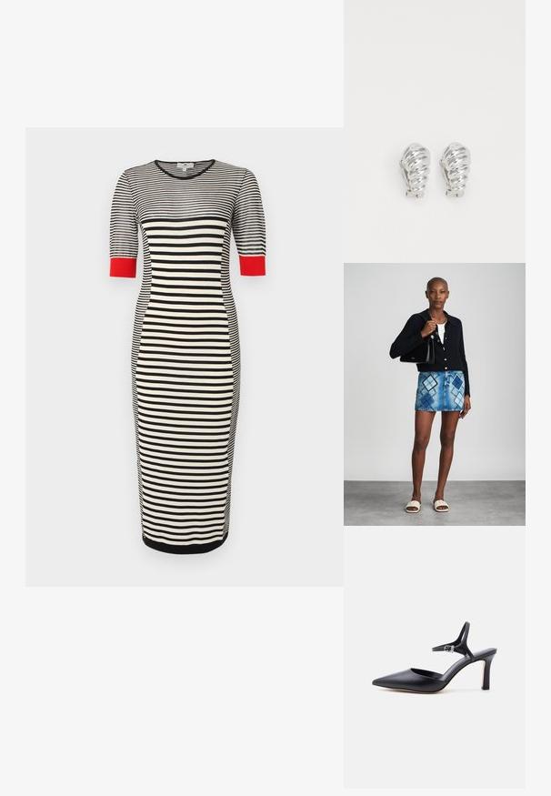 Robe midi à rayures horizontales noires et blanches avec manches courtes et poignets rouges, silhouette ajustée, et encolure ronde.; Escarpin noir à bout pointu avec fine bride à la cheville et boucle argentée, finition en cuir lisse, chaussure élégante pour femme.; Un cardigan en maille noir, un haut blanc, une jupe en denim avec un motif de diamants bleus et noirs, un sac à main noir et des sandales à enfiler beiges.; Boucles d'oreilles en clip argentées avec un design en spirale, présentant une texture métallique lisse et des formes arrondies. Pas d'embellissements ou de motifs visibles.