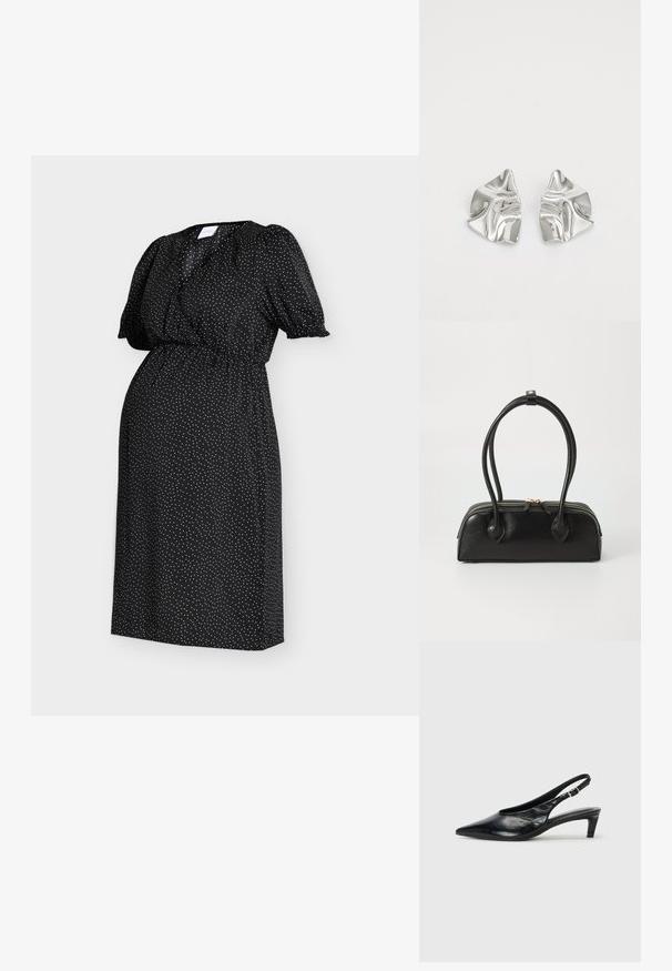 Robe midi noire à pois blancs, manches courtes bouffantes, taille élastique et décolleté en V sur fond clair uni.; Escarpin à bride arrière en cuir noir avec un bout pointu, un petit talon et une sangle à boucle réglable. Texture lisse avec un minimalisme dans les détails.; Sac à main en cuir noir avec deux anses allongées, fermeture éclair et forme arrondie ; texture lisse avec une finition légèrement brillante.; Boucles d'oreilles en métal argenté avec un design ondulé et sculptural, présentant une finition polie et des formes irrégulières, mettant en valeur une esthétique contemporaine.
