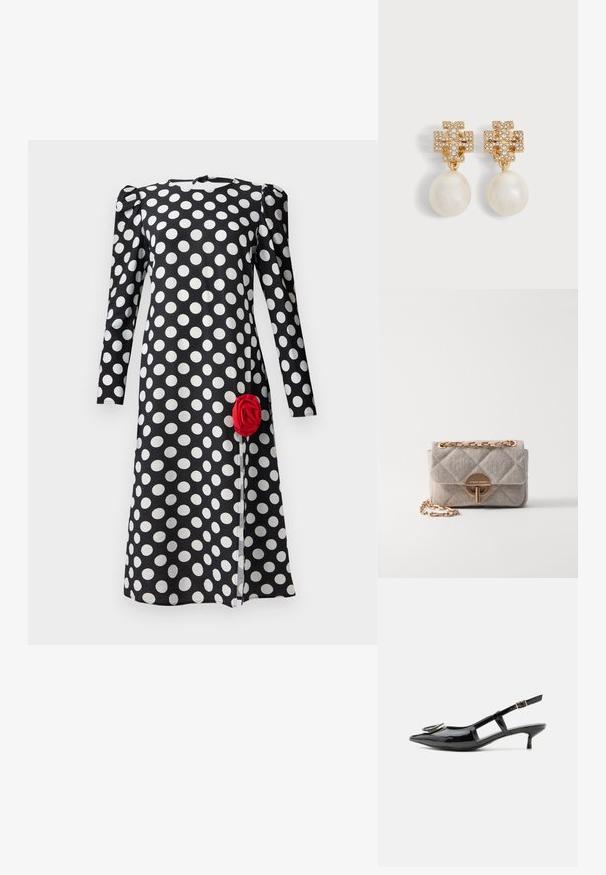 Sort kjole med hvide prikker, lange ærmer og samlede skulderdetaljer. Har en rød roseaccent på det forreste kant.; Sort laklæder slingback-sko med kitten-hæl, spids tå, udskårne sider, spænde rem og cirkulært metal detalje på tåen.; Vanessa Bruno MOON - Håndtasker - sable; Ørestikker i guldton med krystalbesat korsdesign og store hvide perledråber på hvid baggrund.