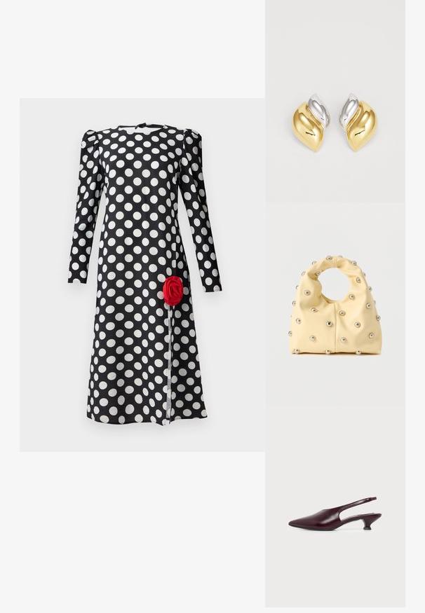 Sort kjole med hvide prikker, lange ærmer og samlede skulderdetaljer. Har en rød roseaccent på det forreste kant.; Dames mørkerød burgundy læder slingback sko med spidst tåparti og lavt buet hæl, sidevisning på hvid baggrund.; Blød gul håndtaske med cirkulært håndtag, dekoreret med jævnt fordelte små sølvfarvede metalknopper på en glat overflade.; Guld- og sølvørehængere med en rund, buet form, der har et bølge-lignende design og en poleret overflade.