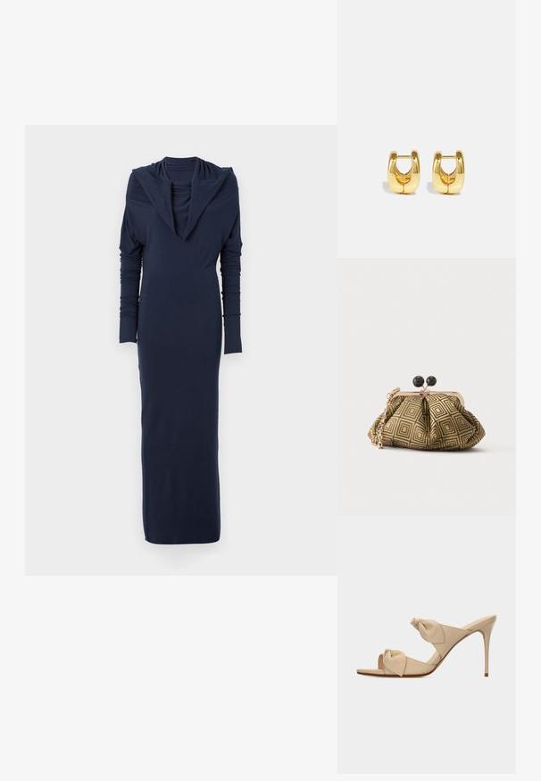 Vestido de manga larga en azul marino con un escote drapeado y silueta ajustada. Hecho de un tejido suave y elástico; textura lisa sin patrones visibles.; Sandalia mule de tacón alto color beige con dos tiras nudo retorcidas y tacón stiletto delgado sobre fondo blanco.; Pequeño bolso de mano con patrón geométrico en dorado y negro, marco metálico dorado, cierre de bola negro y una corta correa de cadena dorada.; Pendientes de aro de oro con un diseño elegante y redondeado. Presentan un centro hueco y una superficie brillante, complementando estilos modernos.