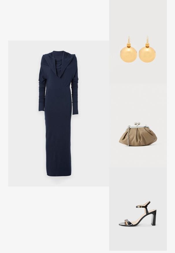 Navyblauwe langemouwen jurk met een gedrapeerde kraag en een getailleerde silhouet. Gemaakt van een zachte, rekbare stof; gladde textuur zonder zichtbare patronen.; Zwarte patenten leren hoge hakken sandaal met enkelbandje, open teen en vierkante hak. Vlotte textuur en minimalistisch ontwerp.; Leren clutch in zacht beige met een afgeronde vorm, geplooide textuur, zilveren kiss-lock sluiting en een afneembare kettingriem.; Een paar glanzende gouden kerstbal-oorbellen met haaksluitingen op een effen witte achtergrond.