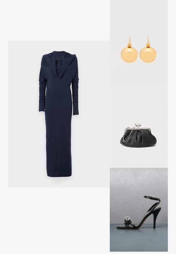 Robe bleu marine à manches longues avec un décolleté drapé et une silhouette ajustée. Fabriquée en tissu doux et extensible ; texture lisse sans motifs visibles.; Sandale noire à talon haut avec bride à la cheville et boule décorative argentée métallique sur surface carrelée en bois à l'extérieur, avec un arrière-plan flou de verdure et de mur.; Porte-monnaie en cuir noir avec texture froncée, cadre en métal argenté, fermeture à verrouillage kiss-lock et bandoulière en chaîne. Surface lisse et douce.; Paire de boucles d'oreilles boule de Noël dorées brillantes avec fermoirs à crochet sur fond blanc uni.