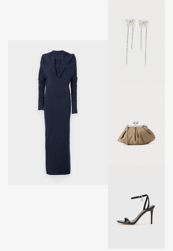 Robe bleu marine à manches longues avec un décolleté drapé et une silhouette ajustée. Fabriquée en tissu doux et extensible ; texture lisse sans motifs visibles.; Sandale à talon haut noire avec une bride étroite à la cheville, bout carré, cuir lisse et accent de boucle métallique.; Pochette en cuir beige clair à la forme arrondie, texture plissée, fermeture à verrou argentée et bandoulière chaîne amovible.; Longs boucles d'oreilles en argent avec un groupe de strass au sommet et des rangées de petites strass suspendues en dessous.