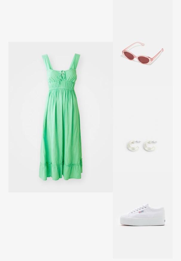Robe maxi verte sans manches avec un corsage froncé, un détail de nœud à l'avant et un ourlet volanté. Fabriquée en tissu léger et texturé.; Baskets en toile blanches avec une épaisse semelle plateforme blanche, bout rond et œillets en métal pour les lacets. Logo de la marque affiché sur le côté.; Lunettes de soleil transparentes roses avec des verres ovales, teintés d'un rouge foncé, et des branches fines, présentant une finition lisse et des détails subtils sur la monture.; Boucles d'oreilles en ton argent, au design en anneau torsadé, présentant une surface texturée et des détails nervurés, sécurisées par une fermeture à tige.