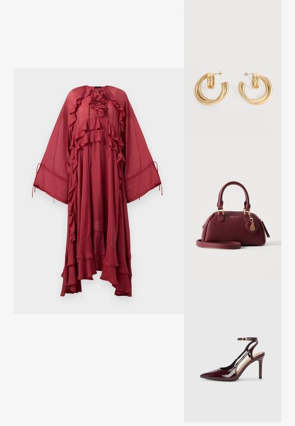 Copenhagen Muse NORMA DRESS - Μάξι φόρεμα - red pear; Μπορντό πατέντα δερμάτινη ψηλοτάκουνα παπούτσια με μυτερή μύτη, λουράκι στον αστράγαλο και κοψίματα στις πλευρές. Λαμπερή και γυαλιστερή επιφάνεια.; Δερμάτινη τσάντα χειρός βουργουνδί με διπλές λαβές, χρυσό φερμουάρ, αποσπώμενο ιμάντα ώμου, γοητεία σε σχήμα καρδιάς και λογότυπο "ANNA FIELD" στην μπροστινή πλευρά.; Ζευγάρι λαμπερά χρυσά σκουλαρίκια με διπλό βρόχο και πίσω κούμπωμα σε λευκό φόντο.