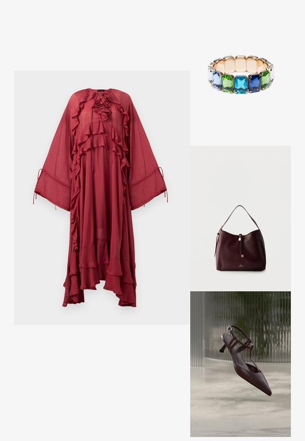 Copenhagen Muse NORMA DRESS - Vestido largo - red pear; Zapato de tacón tipo slingback de cuero marrón oscuro con punta puntiaguda, tiras delgadas y un pequeño tacón de aguja curvado, exhibido sobre un fondo abstracto.; Bolso de cuero marrón oscuro para llevar al hombro con borla trenzada, detalles dorados y logo de Anna Field en la parte delantera sobre un fondo claro y liso.; Pulsera de piedras preciosas multicolores que presenta piedras rectangulares y facetadas en azul, verde y transparente, montadas en enlaces de metal en tono dorado.