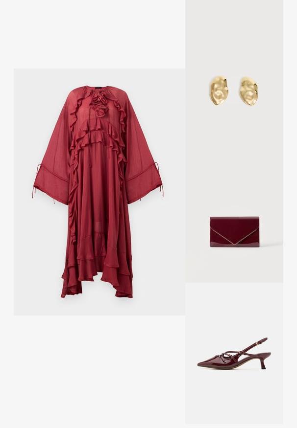 Copenhagen Muse NORMA DRESS - Μάξι φόρεμα - red pear; Μπορντό παπούτσι slingback από λουστρίνι με μυτερή μύτη, μικρό τακούνι, λεπτομέρειες διακοσμητικής ζώνης και γυαλιστερή φινιρίσματα.; Λαστιχένια κόκκινη τσάντα φάκελος με γυαλιστερή επιφάνεια και χρυσή διακόσμηση στην άκρη του καπακιού σε απλό φωτεινό φόντο.; Ζευγάρι λαμπερά, ακανόνιστα σχηματισμένα σκουλαρίκια από χρυσό μέταλλο με τσαλακωμένη, λεία επιφάνεια σε απλό ανοιχτό φόντο.