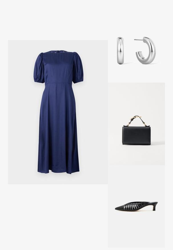 Robe midi bleu marine avec manches bouffantes, col rond et fermeture à nouer dans le dos. Fabriquée en tissu léger et lisse pour un tombé fluide.; Mule en cuir noir avec bout pointu, design découpé à brides et petit talon kitten sur fond blanc.; Sac à main en cuir noir de forme rectangulaire, doté d'une anse supérieure et d'accents en métal doré. Texture lisse, design minimaliste.; Boucles d'oreilles créoles épaisses, lisses et argentées avec une finition brillante et polie, l'une montrant le devant et l'autre la fermeture à tige.