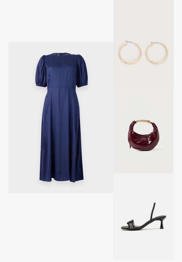 Marineblaue Midikleid mit Puffärmeln, Rundhalsausschnitt und einer Bindeschließe im Rücken. Hergestellt aus glattem, leichtem Stoff für eine fließende Passform.; Schwarze High-Heel-Sandale mit einem strukturierten Riemen und dekorativem Knoten-Detail. Verfügt über eine transparente Vorderseite und einen kurzen Blockabsatz.; Burgunderfarbene Kunstleder-Handtasche mit runder Form, gerafften Details und einem goldfarbenen Metallgriff. Glatte Textur und glänzende Oberfläche.; Paar goldfarbene, strukturierte Creolen mit dünnen Stegen vor weißem Hintergrund.
