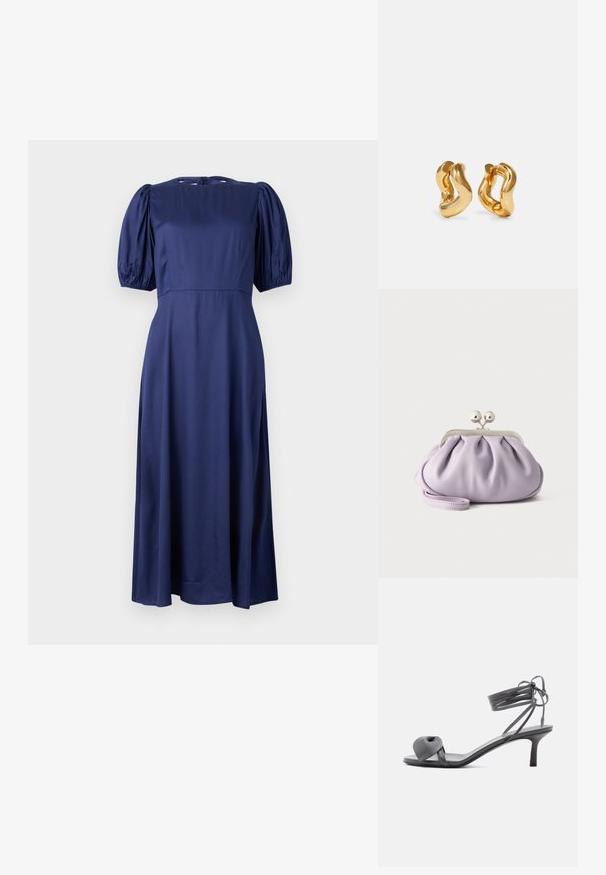 Marineblaue Midikleid mit Puffärmeln, Rundhalsausschnitt und einer Bindeschließe im Rücken. Hergestellt aus glattem, leichtem Stoff für eine fließende Passform.; Graue Leder-Pumps mit Absatz, verknotetem Riemen über den Zehen und Wickelriemen um den Knöchel auf schlankem, mittelhohem Absatz vor weißem Hintergrund.; Weiche Lavendel-Clutch mit gerafftem Stoff, silbernem Kiss-Lock-Verschluss und passendem Handgelenksriemen auf hellem einfarbigem Hintergrund.; Goldfarbene Creolen mit wellenförmigem Design, das eine glatte, glänzende Oberfläche und eine stromlinienförmige Form aufweist. Keine sichtbaren Verschlüsse.