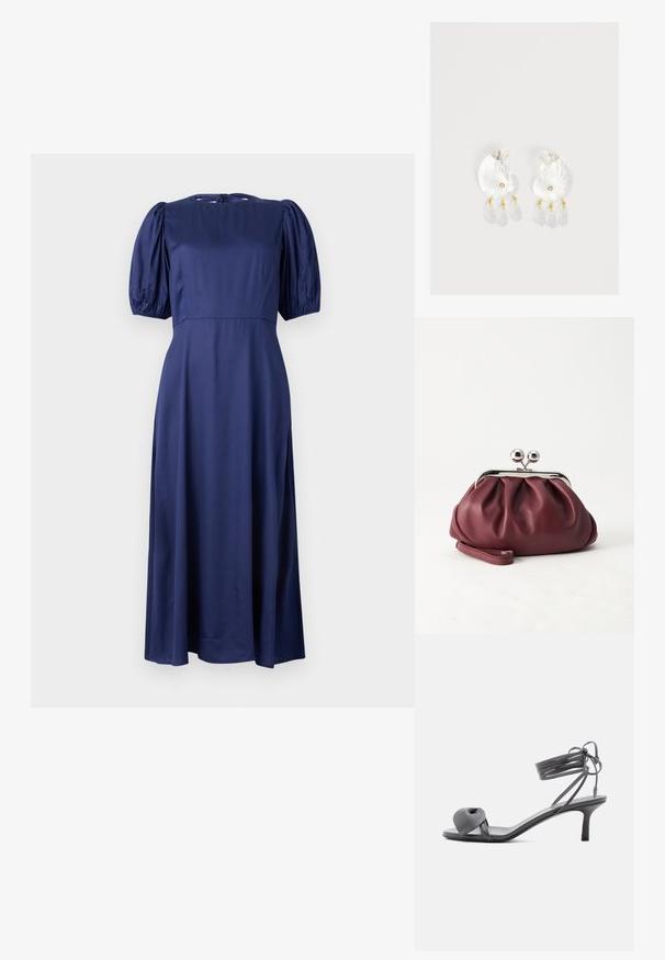 Navyblauwe midi-jurk met pofmouwtjes, ronde hals en een striksluiting aan de achterkant. Gemaakt van een soepele, lichte stof voor een vloeiende pasvorm.; Grijze leren sandaal met hak, voorzien van een geknoopte band bij de tenen en wikkellinten rond de enkel op een slanke sandaal met een middenhoge hak, tegen een witte achtergrond.; Kleine bordeauxrode leren clutch-portemonnee met zilverkleurige metalen sluiting en polsbandje op een witte achtergrond.; Duidelijke hars oorbellen in schelpvorm met kleine gouden accenten en drie hangende doorschijnende druppelvormige bedels aan elk oorbel.