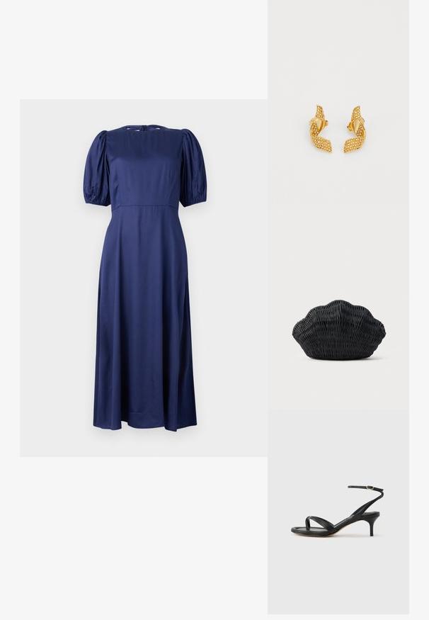 Navyblauwe midi-jurk met pofmouwtjes, ronde hals en een striksluiting aan de achterkant. Gemaakt van een soepele, lichte stof voor een vloeiende pasvorm.; Zwarte leren dames sandaal met dunne bandjes, een teengreep, een enkelgesp en een stilettohak van gemiddelde hoogte op een neutrale achtergrond.; Zwarte gevlochten handtas in de vorm van een sint-jakobsschelp met een gebogen bovenkant en een geweven textuur op een effen achtergrond.; Gouden oorbellen met een twisted leaf ontwerp, versierd met kleine fonkelende stenen, en met een stekerbevestiging.