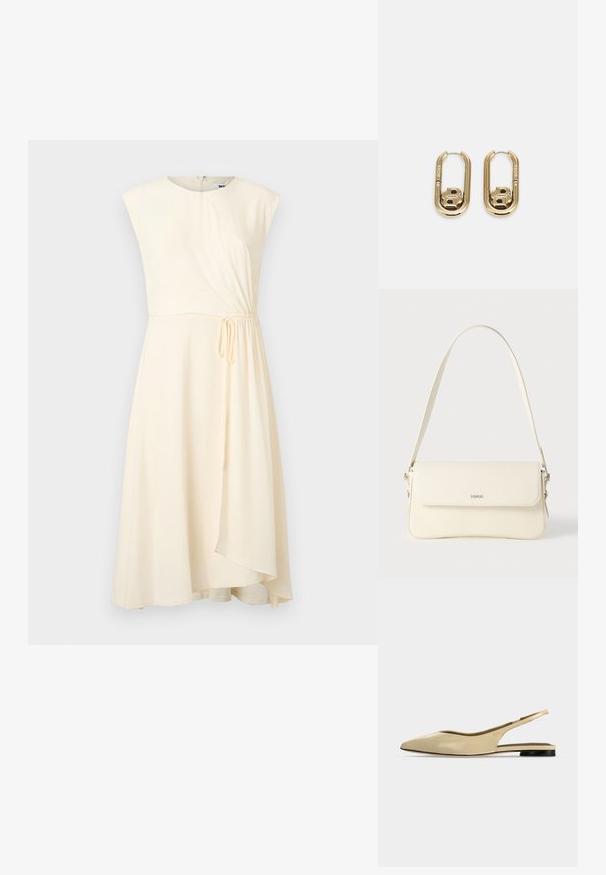 Cremefarvet kjole med tætsiddende overdel, korte ærmer og sammensamlet detalje i siden. Glat tekstur, knælængde og lynlås lukning bagpå.; Beige spids tå slingback flad sko med lav sort hæl og en glat læderfinish, vist fra siden på en ensfarvet baggrund.; Cremefarvet læder skuldertaske med flaplukning, sølvfarvet beslag, en enkelt justerbar rem og diskrete logodetaljer.; BOSS DOUBLE B SWING - Øreringe - gold-coloured