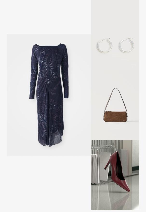 Robe à manches longues, bleu marine foncé, ornée d'un motif de feuilles, avec une taille cintrée et une jupe fluide qui drape sur un côté.; Chaussure rouge en cuir à talon haut, posée sur le talon sur un sol réfléchissant, près d'un porte-dossiers métallique contenant des dossiers blancs.; Petit sac à bandoulière rectangulaire en daim marron avec une fine sangle marron foncé et une fermeture éclair dorée, marqué "HUGO" dans un coin.; Paire de boucles d'oreilles créoles moyennes argentées brillantes avec de fines attaches métalliques sur un fond clair et neutre.