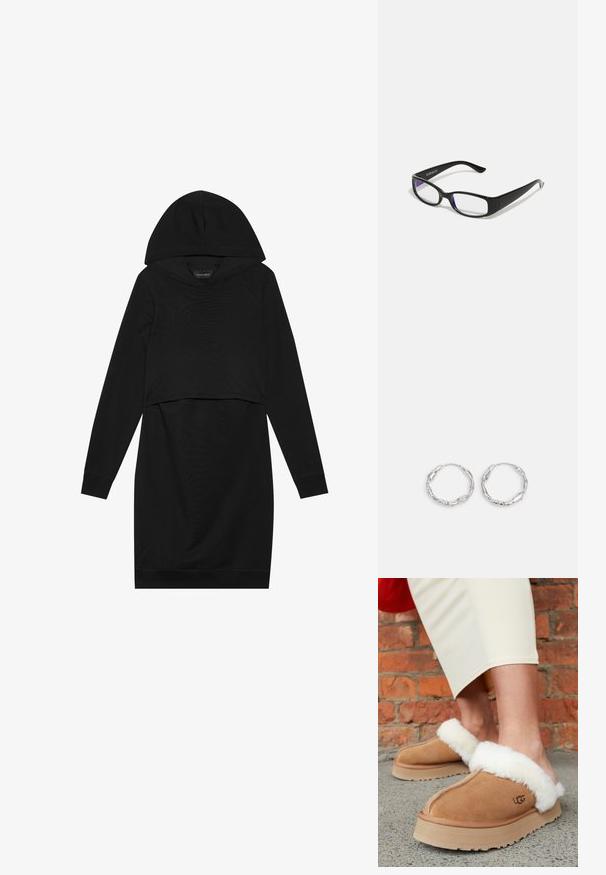 Sort pullover kjole med hætte, lange ærmer og cropped design. Fremstillet af blødt stof med en glat tekstur og ribbede manchetter.; Brune svineskinds slippers med hvidt shearling-trim. Tyk mellemsål og tekstureret ydersål. UGG-logo synligt på siden. Løs pasform til afslappet brug.; Sorte rektangulære briller med klare linser. Blank finish, smalle stænger, og lilla nuance synlig i kanterne af linsen.; Sølv hoops med en bølget, uregelmæssig tekstur. Har en tynd, cirkulær form og en reflekterende finish.