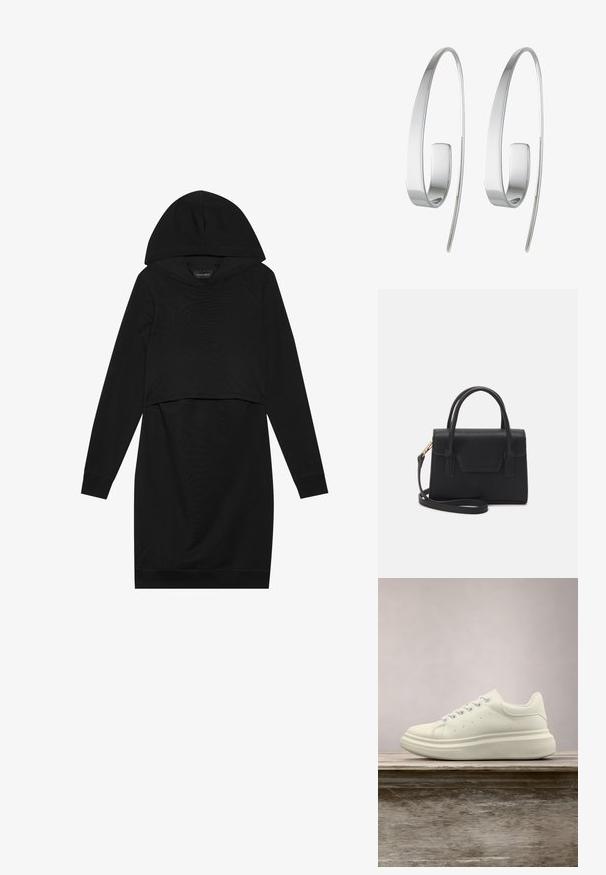 Zwart pullover jurk met een capuchon, lange mouwen en een cropped ontwerp. Gemaakt van zachte stof met een gladde textuur en geribde manchetten.; Witte leren sneaker met ronde neus, gladde textuur en contrasterende veters. Heeft ventilatiegaten en een dikke rubberen zool voor comfort.; Zwarte gestructureerde handtas van leer met een bovenhandvat, een afneembare schouderriem en een voorflapdetail. Gouden hardwareaccenten.; Zilveren creolen met een slank, langwerpig ontwerp. Gemaakt van gepolijst metaal, met een gladde textuur en minimalistische stijl.