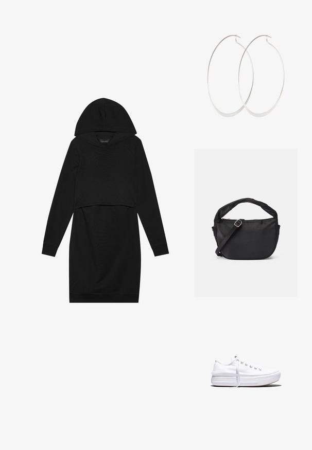 Sort pullover kjole med hætte, lange ærmer og cropped design. Fremstillet af blødt stof med en glat tekstur og ribbede manchetter.; Hvid lavt snørestøvle med tyk plateau-sål, snørelukning foran og gummiforstærket tåkap, set i sideprofil.; Sort stof skuldertaske med et snoet håndtag, en aftagelig rem og en lynlåslukning i toppen. Glat tekstur og minimalistisk design.; Sølv hoops øreringe med et tyndt, glat design; langstrakt oval form; poleret finish; har en sikker krog lukning.
