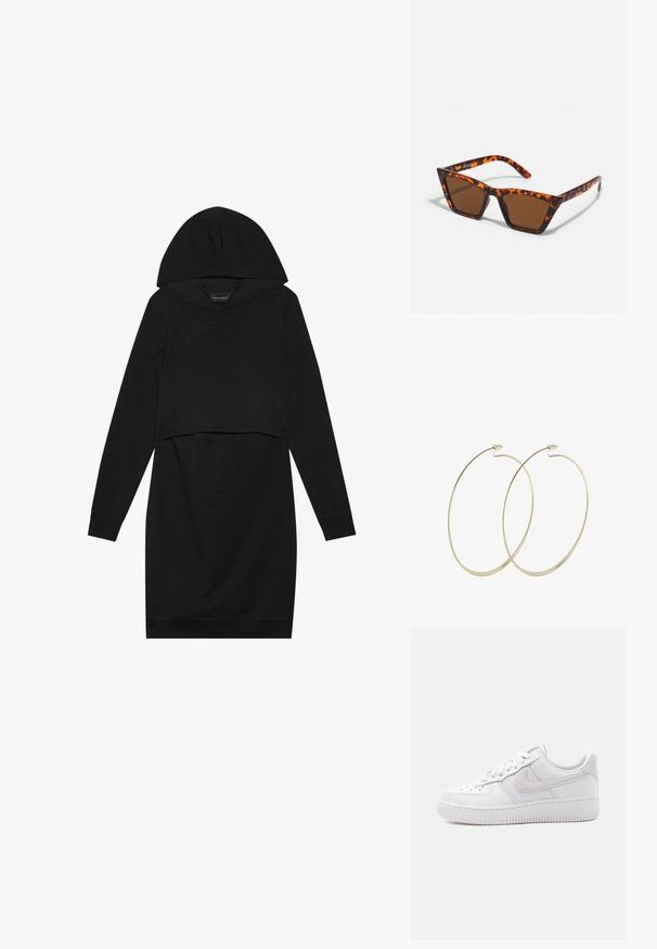 Sort pullover kjole med hætte, lange ærmer og cropped design. Fremstillet af blødt stof med en glat tekstur og ribbede manchetter.; Hvid Nike Air Force 1 sneaker med lavt snit, hvide snørebånd, perforeringer på tåboksen og netpanel bag Nike swoosh-logoet.; Brune tonede solbriller med et skildpadde-mønster, vinklede stel og slanke arme. Letvægts plastmateriale.; Pilgrim Øreringe - gold-coloured