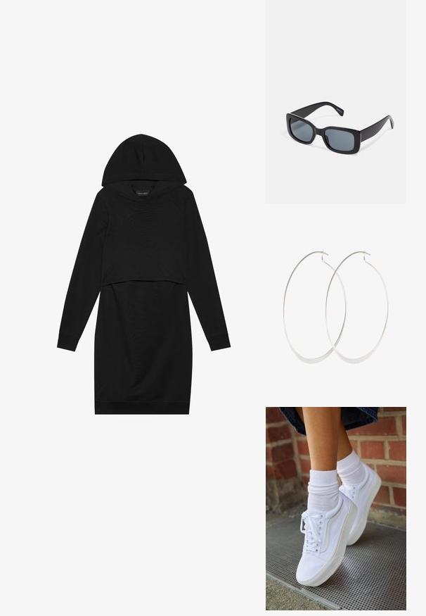 Sort pullover kjole med hætte, lange ærmer og cropped design. Fremstillet af blødt stof med en glat tekstur og ribbede manchetter.; Hvide lærreds sneakers med gummisåler, der har seks snørehuller, rund tå og let sømdetaljer, krydret med hvide ankelstrømper.; Sorte rektangulære solbriller med mørkt tonede linser, tyk plastramme og brede stænger. Glat overflade og kantet design.; Sølv hoops øreringe med et tyndt, glat design; langstrakt oval form; poleret finish; har en sikker krog lukning.