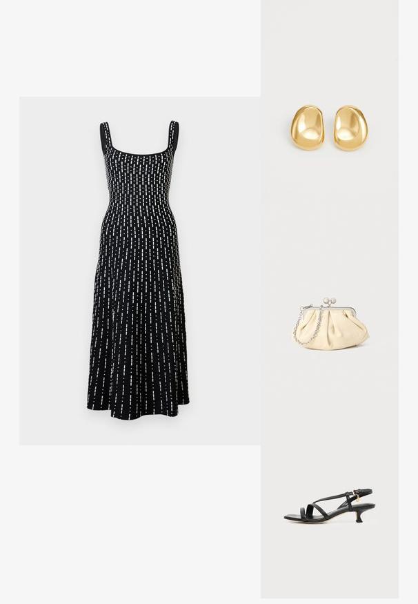 Robe midi noire sans manches avec encolure carrée et motif de lignes blanches en pointillés verticales réparties de manière uniforme.; Sandale noire en cuir à brides fines, talon bas kitten, boucle à la cheville et petit pendentif doré sur fond clair uni.; Pochette en cuir beige plissé avec un cadre en métal argenté, dotée de deux fermoirs ronds décoratifs et d'une chaîne en argent.; Boucles d'oreilles en forme de clou de couleur or, avec une forme lisse et arrondie et une surface réfléchissante, mettant en avant un design minimaliste sans motifs visibles.