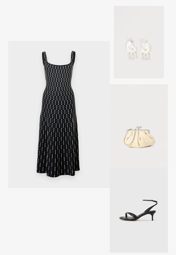 Robe midi noire sans manches avec encolure carrée et motif de lignes blanches en pointillés verticales réparties de manière uniforme.; Sandale pour femme en cuir noir avec fines lanières, une boucle d'orteil, une boucle à la cheville et un talon aiguille de hauteur moyenne sur un fond neutre.; Pochette en cuir beige plissé avec un cadre en métal argenté, dotée de deux fermoirs ronds décoratifs et d'une chaîne en argent.; Boucles d'oreilles en résine transparente en forme de coquillage avec de petits accents dorés et trois breloques translucides en forme de goutte pendantes sur chaque boucle d'oreille.