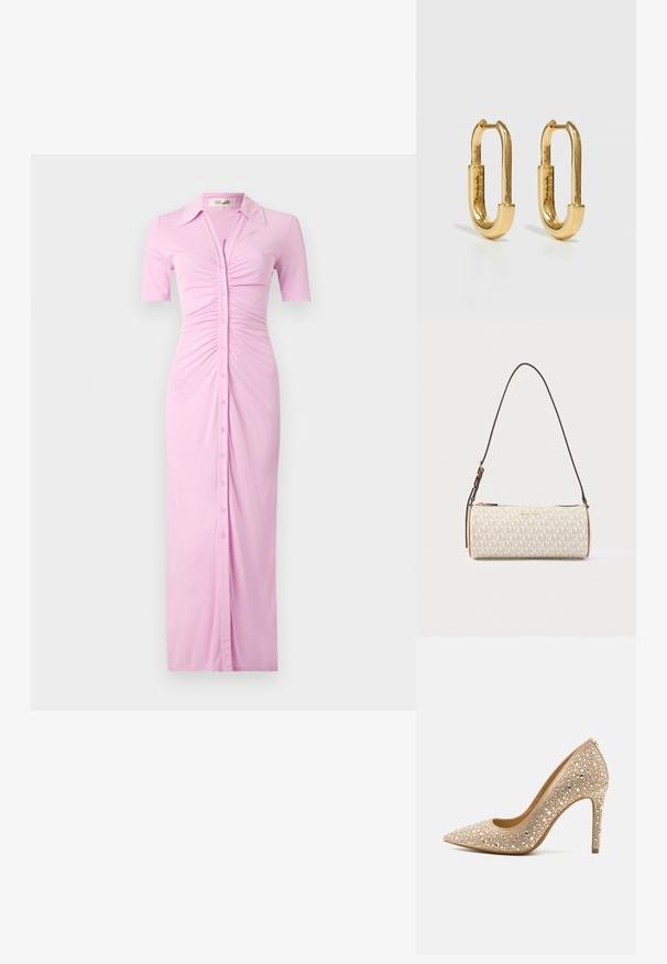 Vaaleanpunainen napitettava mekko, jossa on lyhyet hihat, kauluskotelo ja rypytetty yksityiskohta rinnassa. Mekko on suora ja lattiaan asti ulottuva.; MICHAEL Michael Kors ALINA FLEX - Avokkaat - pale gold; Beige-sylinterimäinen Michael Kors -käsilaukku, jossa on toistuva "MK"-kuvio, kultainen logo, vaaleanruskea reunus ja säädettävä tummanruskea olkahihna.; Kultaiset metalliset rengaskorvakorut, joiden muoto on pitkäelliptinen ja jotka ovat sileäpintaisia ja kiillotettuja. Ne sisältävät pienen sarannan kiinnittämistä varten.