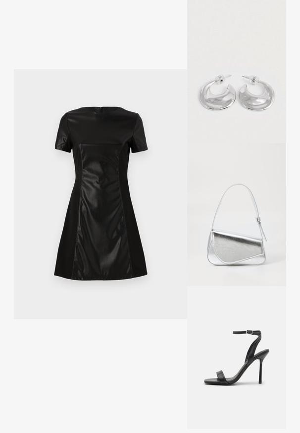 Vestido negro con un panel frontal de imitación cuero suave, mangas cortas y una falda acampanada. La parte posterior tiene un cierre de cremallera discreto.; Sandalia negra de tacón alto con una correa delgada en el tobillo y dos bandas en la parte frontal. Hecha de cuero suave con una punta afilada y tacón de aguja.; Bolso de mano metálico plateado con forma triangular, textura suave y una fina correa de hombro ajustable. Presenta un diseño plegable con costuras.; Un par de pendientes de aro en forma de media luna pulidos en plata, con respaldos de plástico transparente, sobre una superficie blanca.
