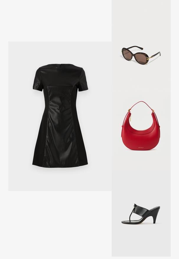 Vestido negro con un panel frontal de imitación cuero suave, mangas cortas y una falda acampanada. La parte posterior tiene un cierre de cremallera discreto.; Sandalia de tacón alto negra con una amplia tira frontal y un lazo para el dedo con un detalle de cordón anudado, mostrada de perfil sobre un fondo blanco.; Las gafas de sol de carey presentan lentes en forma ovalada con un tinte marrón. Hay acentos dorados en las varillas, que destacan el hardware detallado.; Bolso de mano de cuero rojo con una forma redondeada, acabado texturizado y una sola correa para el hombro. Cuenta con una cremallera dorada y detalles metálicos dorados.
