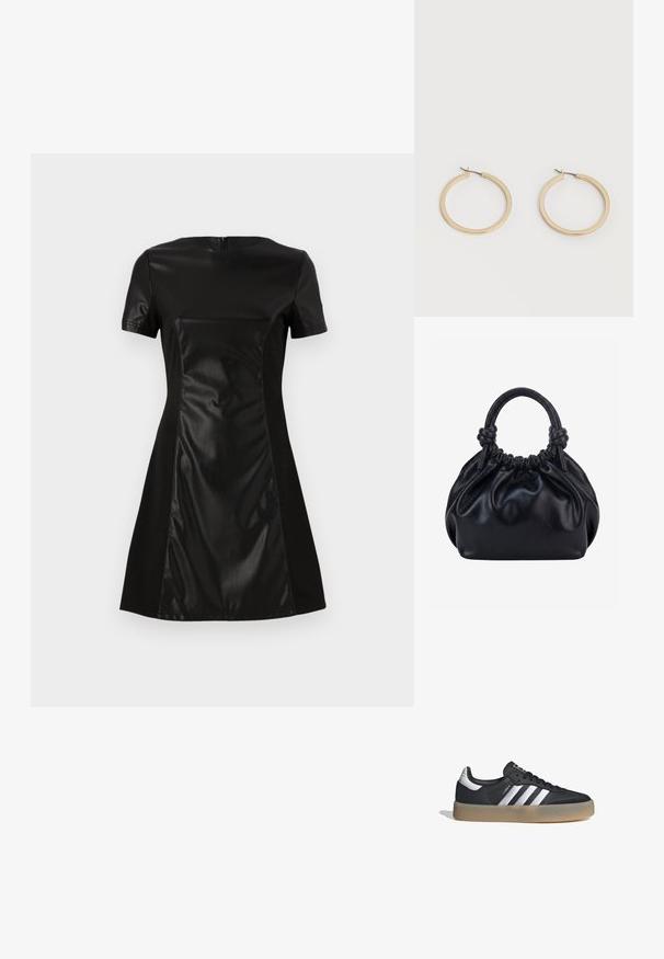 Vestido negro con un panel frontal de imitación cuero suave, mangas cortas y una falda acampanada. La parte posterior tiene un cierre de cremallera discreto.; Zapatilla deportiva de cuero negro con tres rayas plateadas, punta texturizada y suela de goma. Cuenta con un collar acolchado y un diseño con cordones.; Bolso de mano de cuero negro suave con parte superior fruncida y dos asas gruesas atadas en nudos sobre un fondo claro y liso.; Par de pendientes de aro de tamaño mediano con tono dorado y cierre de bisagra sobre un fondo claro y liso.