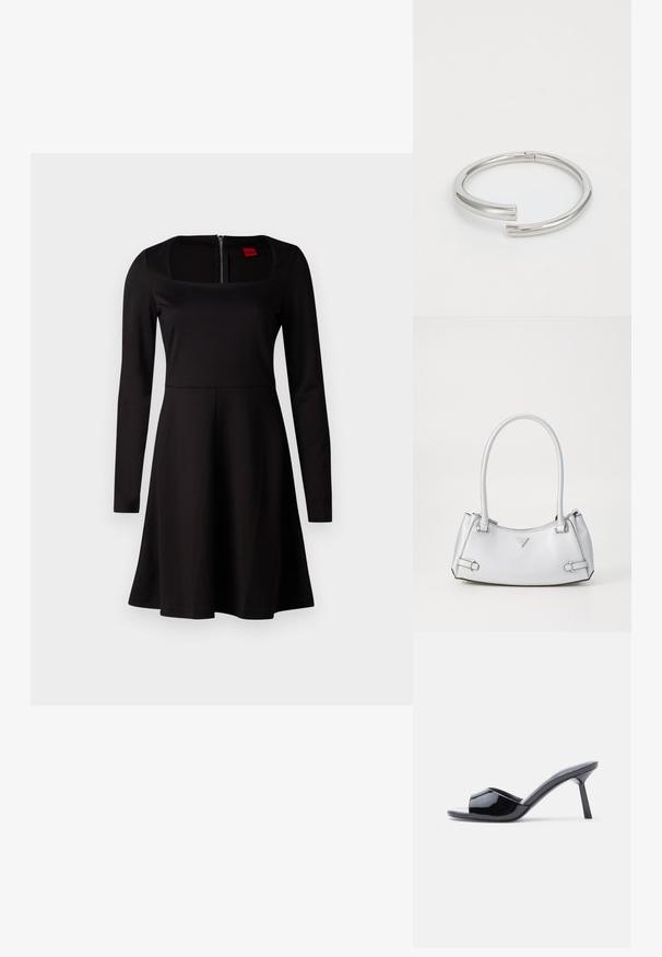 Vestido negro de manga larga con escote cuadrado, corsé ajustado, falda acampanada y cierre de cremallera en la espalda. Textura de tela suave sin patrones.; Sandalias de tacón con punta abierta de charol negro, con un diseño superior curvado y tacón de aguja cónico. Acabado liso y brillante.; Bolso de mano plateado con un diseño estructurado, que cuenta con dos asas, textura brillante, herrajes de acento y un logo triangular en la parte frontal.; Calvin Klein SPIRAL - Pulsera - silver-coloured