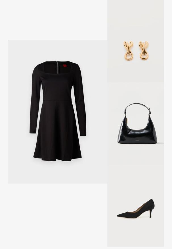 Vestido negro de manga larga con escote cuadrado, corsé ajustado, falda acampanada y cierre de cremallera en la espalda. Textura de tela suave sin patrones.; Salón de ante negro con punta puntiaguda, tacón de aguja delgado de altura media y diseño de corte bajo sobre un fondo liso.; Bolso negro brillante de Calvin Klein con cremallera dorada y correa corta sobre un fondo blanco liso.; Par de pendientes de aro con acabado dorado brillante sobre fondo blanco liso, con diseño entrelazado y torsionado.