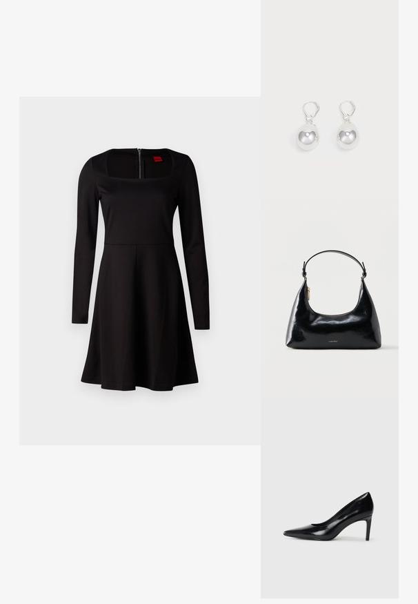 Vestido negro de manga larga con escote cuadrado, corsé ajustado, falda acampanada y cierre de cremallera en la espalda. Textura de tela suave sin patrones.; Zapato de tacón alto de cuero negro con punta afilada, textura suave y tacón en forma de cono. Diseño minimalista, sin adornos adicionales.; Bolso negro brillante de Calvin Klein con cremallera dorada y correa corta sobre un fondo blanco liso.; Pendientes de plata en forma de gota con superficies redondas y reflectantes colgando de cierres de palanca. El fondo es blanco liso.
