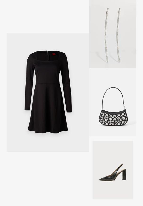 Zwarte lange jurk met een vierkante halslijn, aansluitend lijfje, uitlopende rok en een ritssluiting aan de achterkant. Glad textiel zonder patronen.; Zwarte leren dames slingbackpumps met spitse neus en dikke hoge blokhak op witte achtergrond.; Zwarte leren handtas met een gebogen vorm, voorzien van zilveren studs in verschillende maten en een korte schouderband. "HUGO" logo gedrukt aan de voorkant.; Zilverkleurige, verlengde oorbellen met een gebogen ontwerp, voorzien van een rij heldere kristallen langs de buitenste randen voor extra sprankeling.