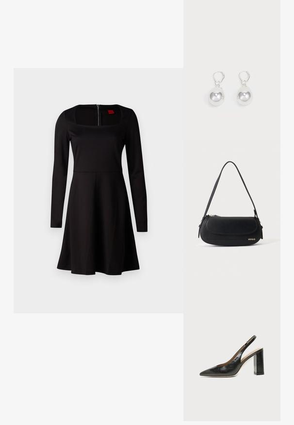 Vestido negro de manga larga con escote cuadrado, corsé ajustado, falda acampanada y cierre de cremallera en la espalda. Textura de tela suave sin patrones.; Zapato slingback de piel negra con puntera puntiaguda, tacón alto y ancho, y forro interior beige sobre un fondo claro y liso.; Bolso de hombro de cuero negro con solapa curva, logo dorado "HUGO" en el frente y una correa ajustable.; Pendientes de plata en forma de gota con superficies redondas y reflectantes colgando de cierres de palanca. El fondo es blanco liso.