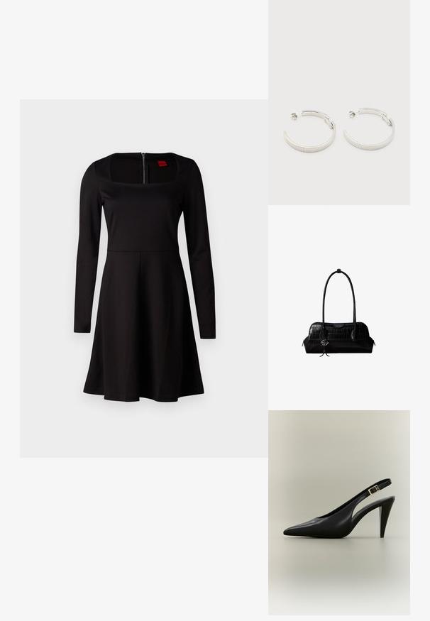 Vestido negro de manga larga con escote cuadrado, corsé ajustado, falda acampanada y cierre de cremallera en la espalda. Textura de tela suave sin patrones.; Zapato de tacón alto tipo slingback de cuero negro con punta puntiaguda, hebilla dorada y tacón afilado sobre un fondo neutro.; Bolso de hombro negro de cuero con textura de cocodrilo, con correas largas y un pequeño colgante de logo plateado en una correa.; Pendientes de aro semicírculo en tono plateado con textura acanalada y cierre de presión sobre fondo blanco.