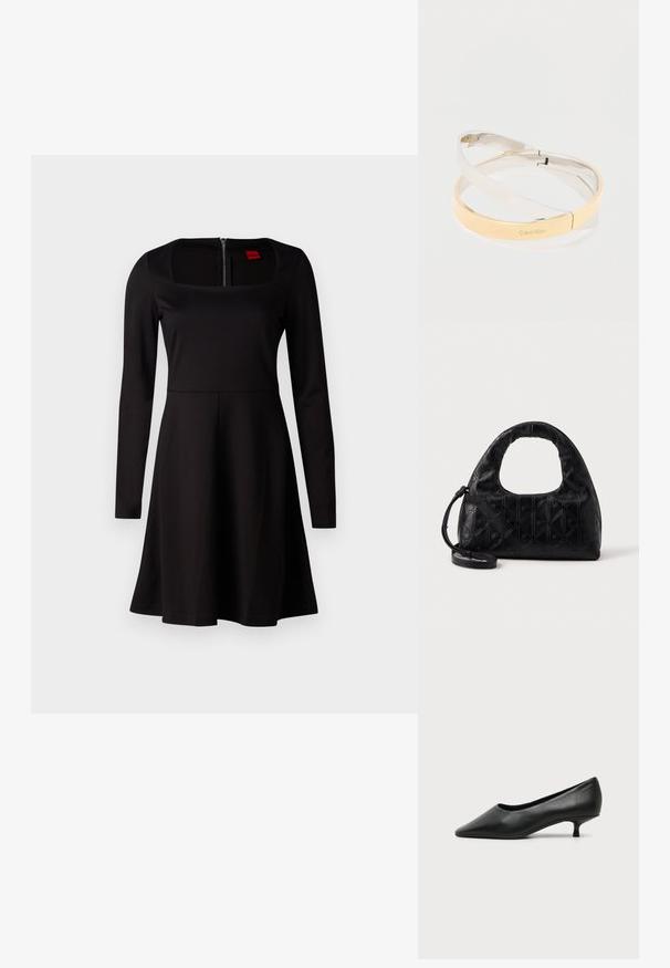Vestido negro de manga larga con escote cuadrado, corsé ajustado, falda acampanada y cierre de cremallera en la espalda. Textura de tela suave sin patrones.; Zapato de mujer negro de cuero con tacón bajo, puntera puntiaguda y pequeño tacón kitten sobre fondo claro liso.; Bolso de mano de piel negra con un asa curva en la parte superior, un sutil patrón de diamantes y una correa desmontable. La textura es suave con detalles en relieve.; Pulseras metálicas pulidas entrelazadas en tonos plateados y dorados, una grabada con el logo "Calvin Klein", sobre un fondo blanco.