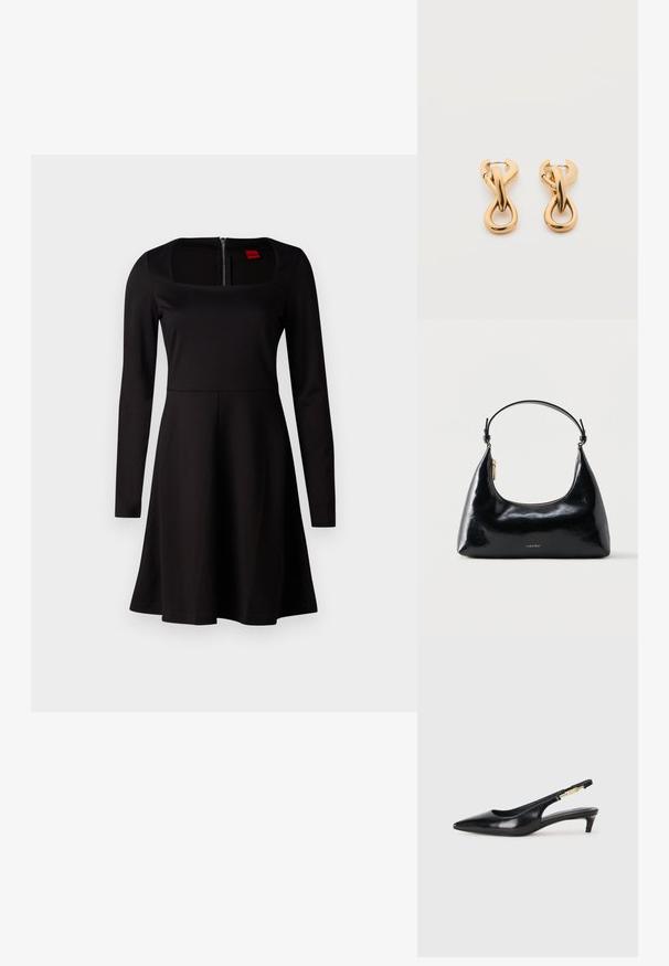 Vestido negro de manga larga con escote cuadrado, corsé ajustado, falda acampanada y cierre de cremallera en la espalda. Textura de tela suave sin patrones.; Tacones negros de piel sintética tipo slingback con punta afilada, que cuentan con un tacón delgado y un detalle en tono dorado en la correa ajustable. Textura suave.; Bolso negro brillante de Calvin Klein con cremallera dorada y correa corta sobre un fondo blanco liso.; Par de pendientes de aro con acabado dorado brillante sobre fondo blanco liso, con diseño entrelazado y torsionado.