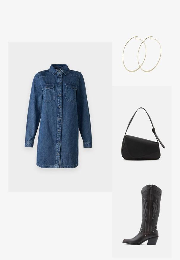 Denimhemdkleid in Dunkelblau. Mit langen Ärmeln, einer durchgehenden Knopfleiste, zwei Brusttaschen und einem klassischen Kragen. Lässige Passform.; Braune Cowboy-Stiefel aus Leder mit Flammenstickerei, seitlichem Reißverschluss, silbernen Nieten, spitzer Zehenpartie und geschichtetem Absatz.; Schwarze Lederhandtasche mit dreieckiger Form, schrägem Klappdeckel und rundem Oberhandgriff. Verfügt über eine glatte Textur und minimalistische Designdetails.; Pilgrim Ohrringe - gold-coloured